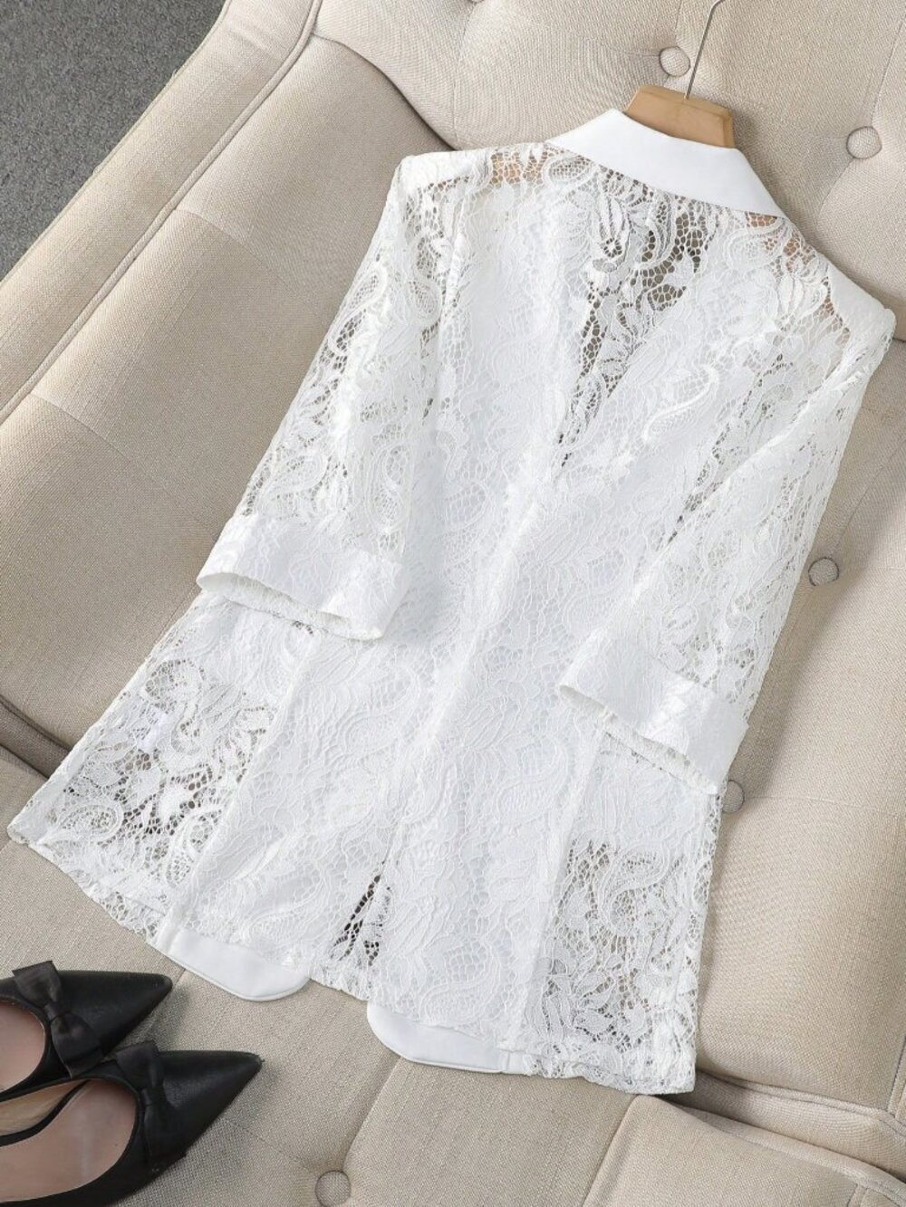 White Elegant Women's Sheer Blazer Jacket 3/4 Sleeve Casual Office Wear - Picture 2 of 8